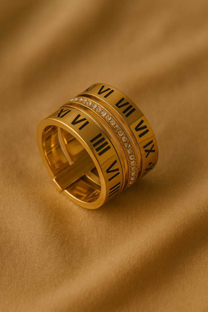 Roman Numerals Ring – Timeless Engraved Band in Gold - Image 2